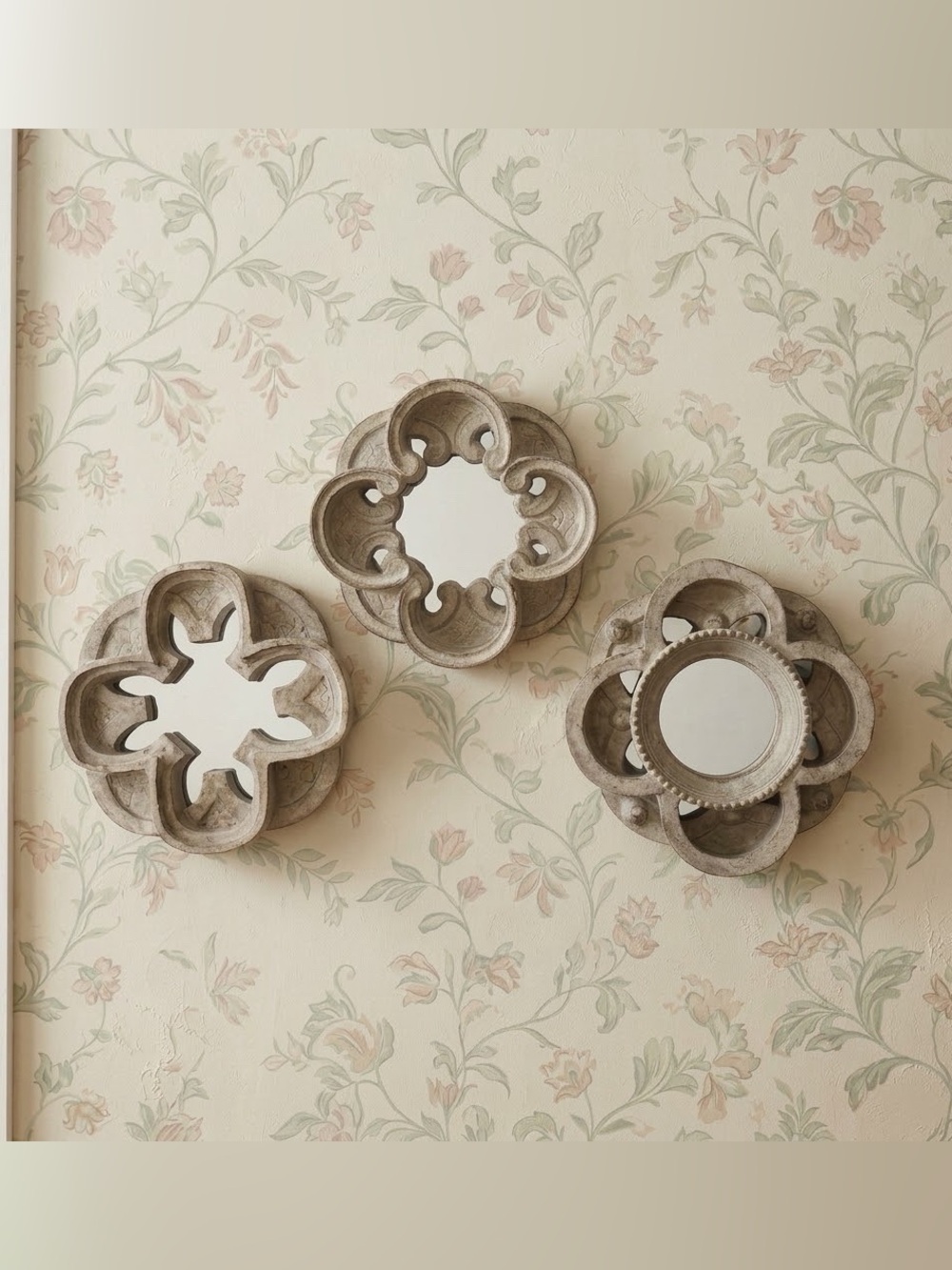 Vintage Floral Carved Wood Wall Mirrors 6” Cottagecore - Set of 3